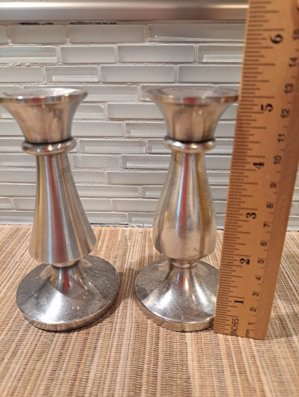 Two Restoration Hardware Metal Candlestick Holders